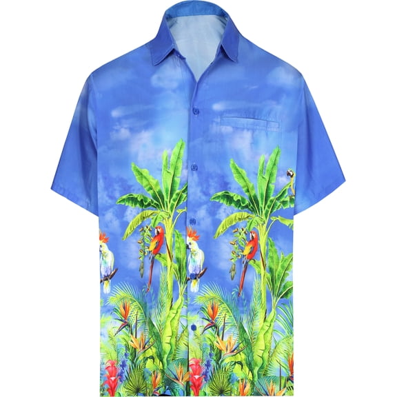 LA LEELA Men's Hawaiian Shirts Short Sleeve Button Down Shirt Men's Tropical Shirts Casual Holiday Summer Party Caribbean Shirts for Men Funny XL Cockatoo Leaf, Blue