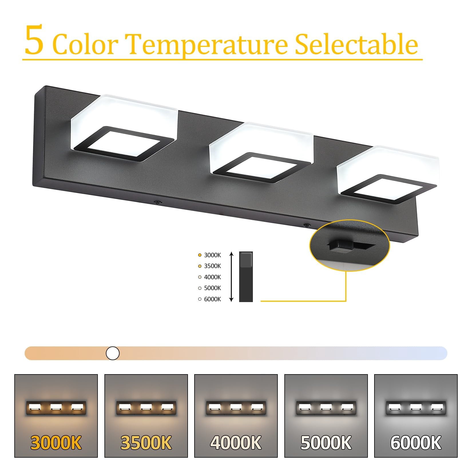 5 Color Temperature Modern Led Black Bathroom Vanity Lights Dimmable Acrylic Wall Lighting Fixtures