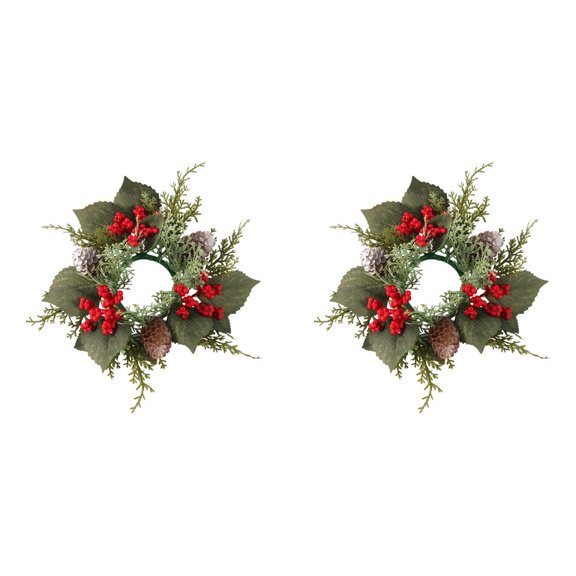 Christmas Candle Rings with Red Berries and Pine Cones,for Table Centerpiece,Candle Holder Ring for Holiday Decor,Small Wreath Candle Ring for Xmas Festival Home Decoration, Wall Door Window Decor