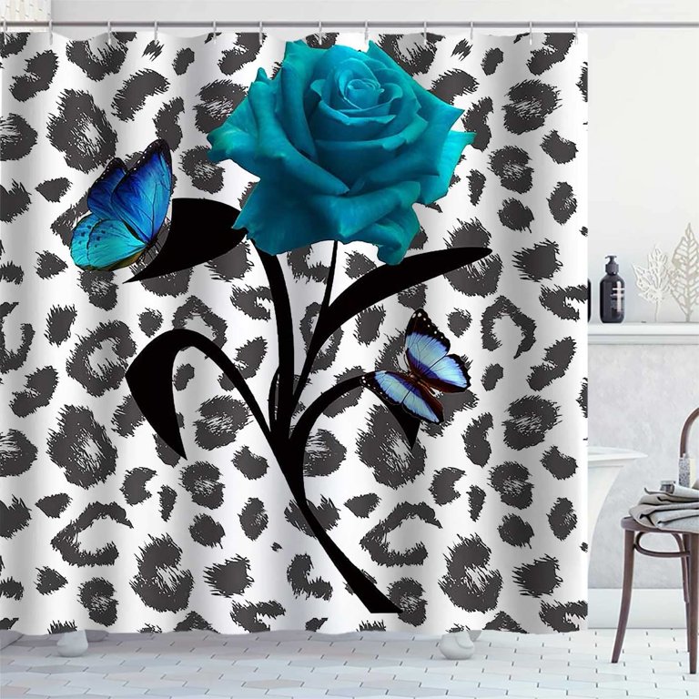 1pc Bathroom Rugs Shower Curtain, Leopard Butterfly & Turquoise