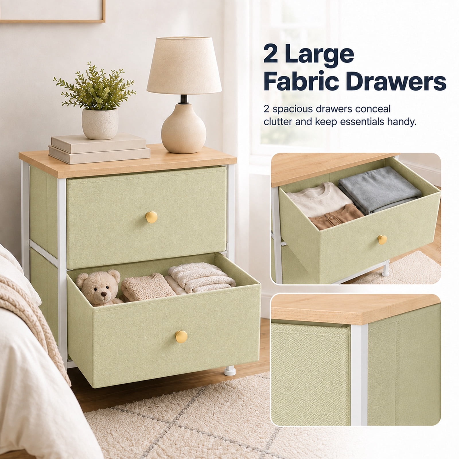 Alvantor Nightstand with 2 Storage Drawers, Small Bedside Table, Small Dresser with Sturdy Wooden Top for Daily Essentials, Compact Nightstand for Bedroom and Small Spaces