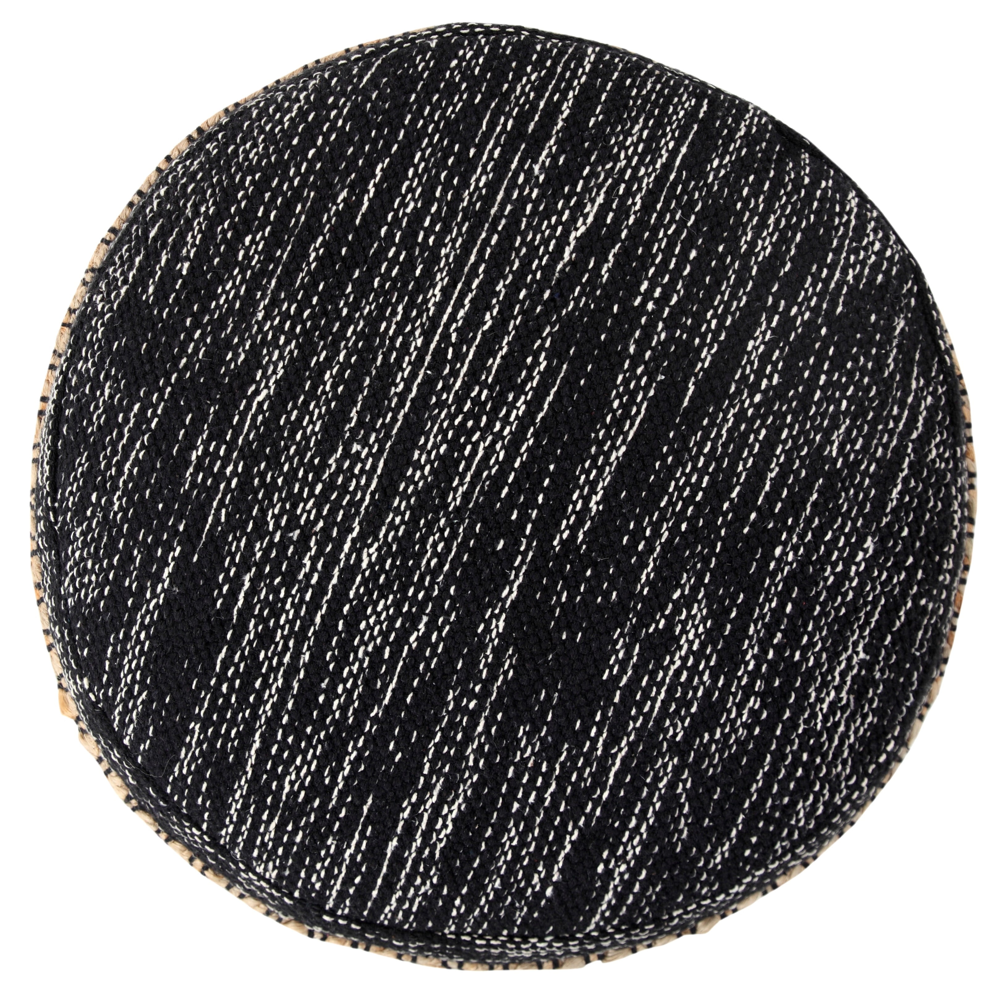 LR Home Round Black/Gray Striped Cotton and Jute Pouf Ottoman, 14" H x 18" W