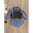 thumbnail image 2 of hirigin Kids Girls Denim Dress Set Solid Color Long Sleeves Button Down Shirt Dress with Leather Camisole Corset Outfit, 2 of 8