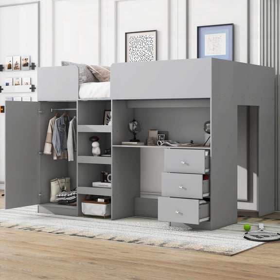 Full Size Wood Loft Bed with Built-in Storage and Desk, Grey, Bedroom