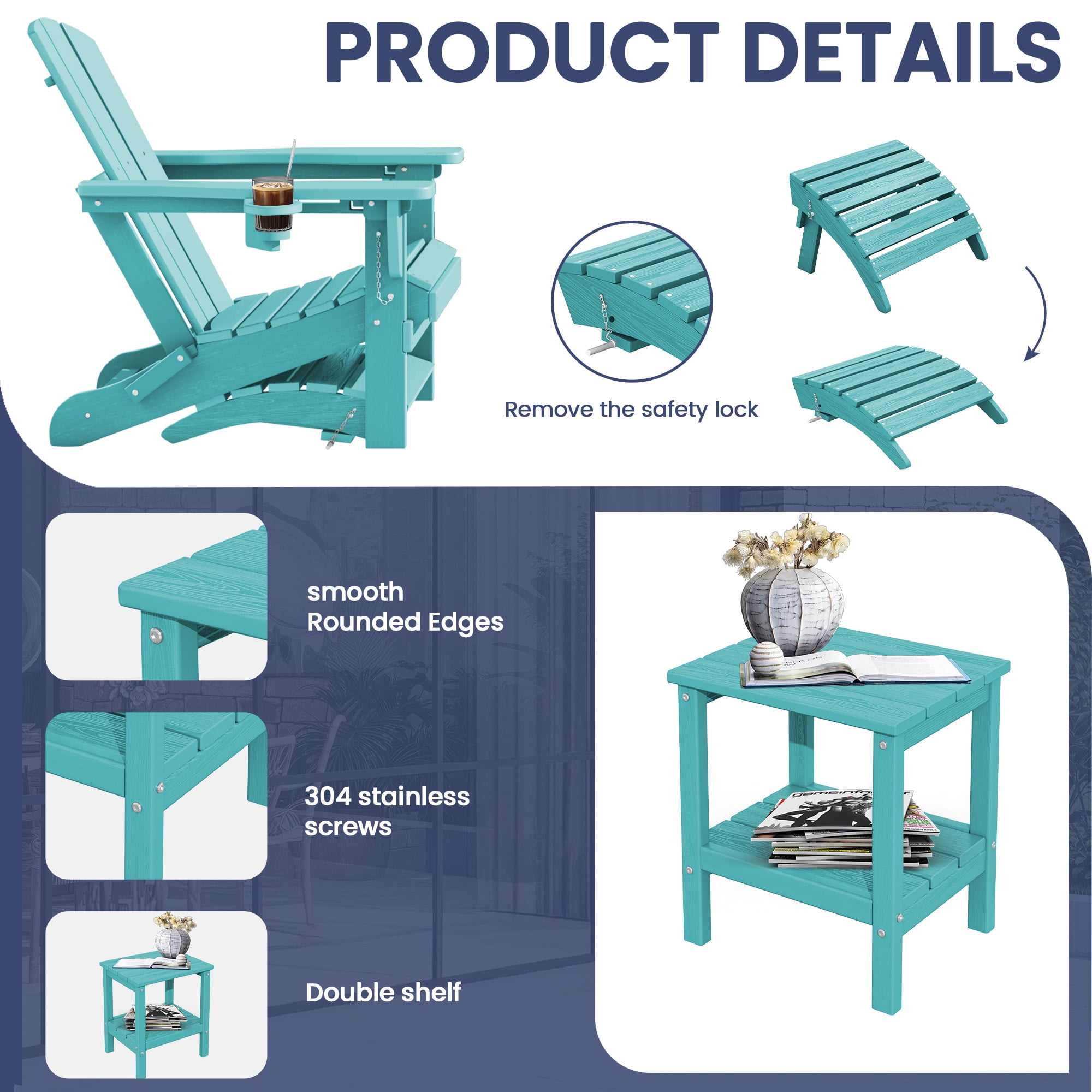 SERWALL 5PC Adjustable Folding Adirondack Chair and Ottoman and Double Side Table, HDPE Adirondack Chairs Set for Outdoor, Patio, Poolside, Garden, Aruba