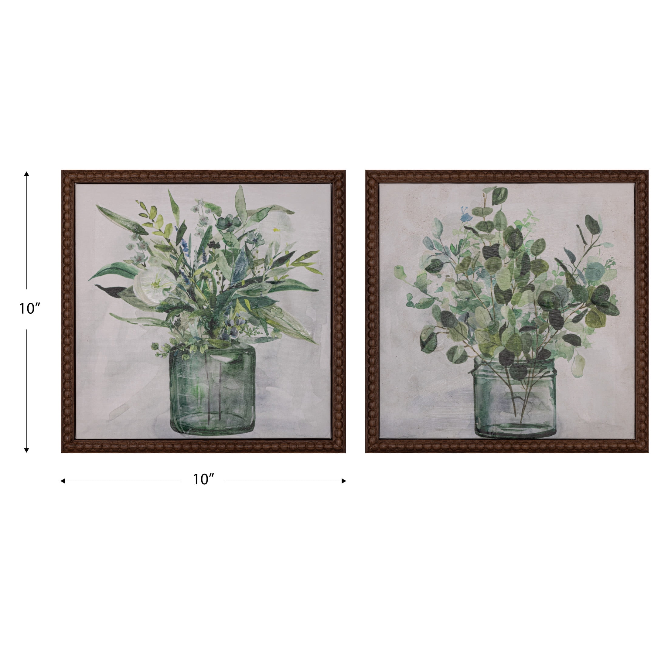 Gallery Solutions Set of 2 Framed Greenery in Vases Canvas Art - 10x10 Floral Farmhouse Prints, Beaded Frame and Hand-Painted Embellishments