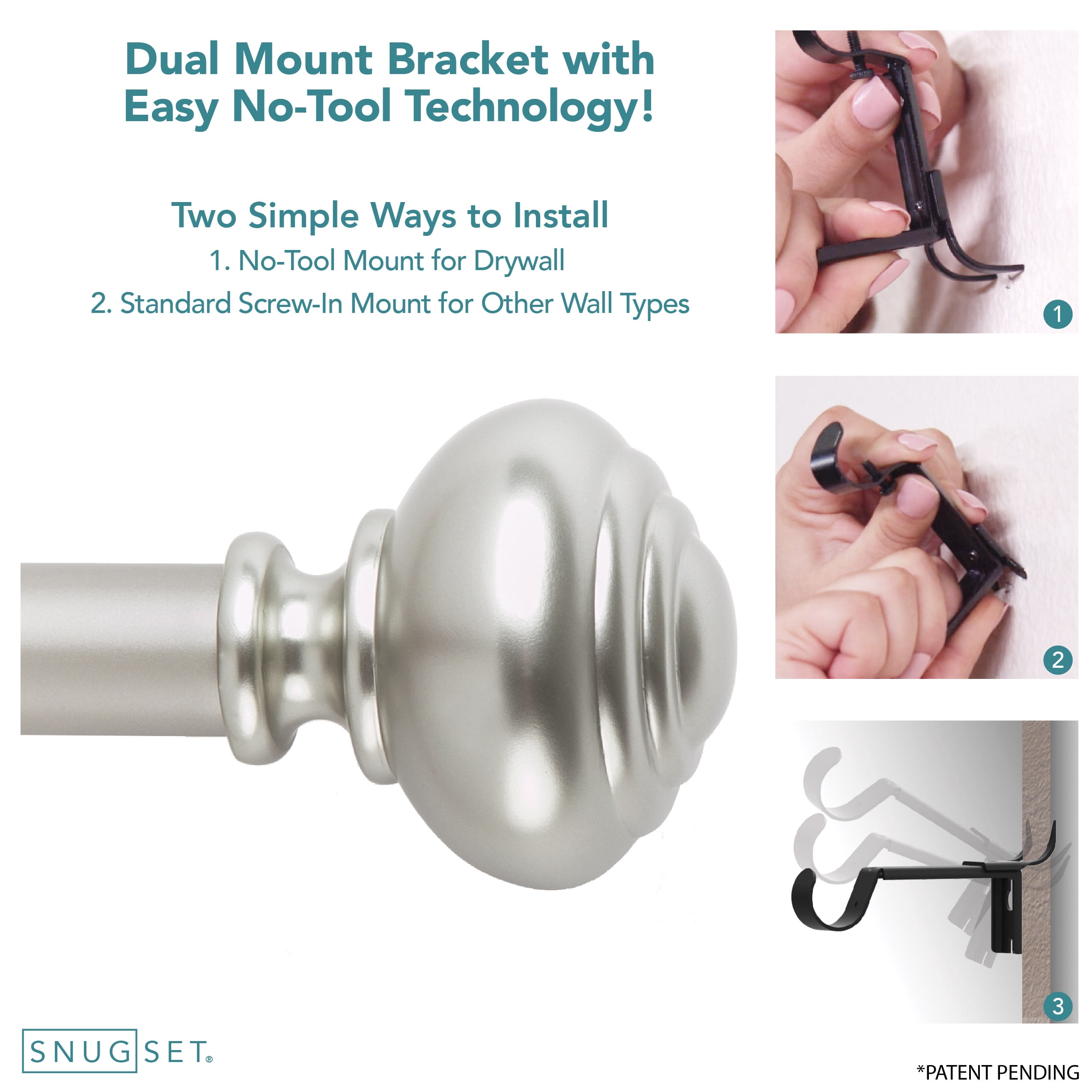 SnugSet | Easy NO DRILL Install | 36-72' Curtain Rod| 1' Wide Ultra Sturdy Drapery Rod | 3 Brackets for NO SAG Middle Support | Traditional Nickel Knob Urn Finials
