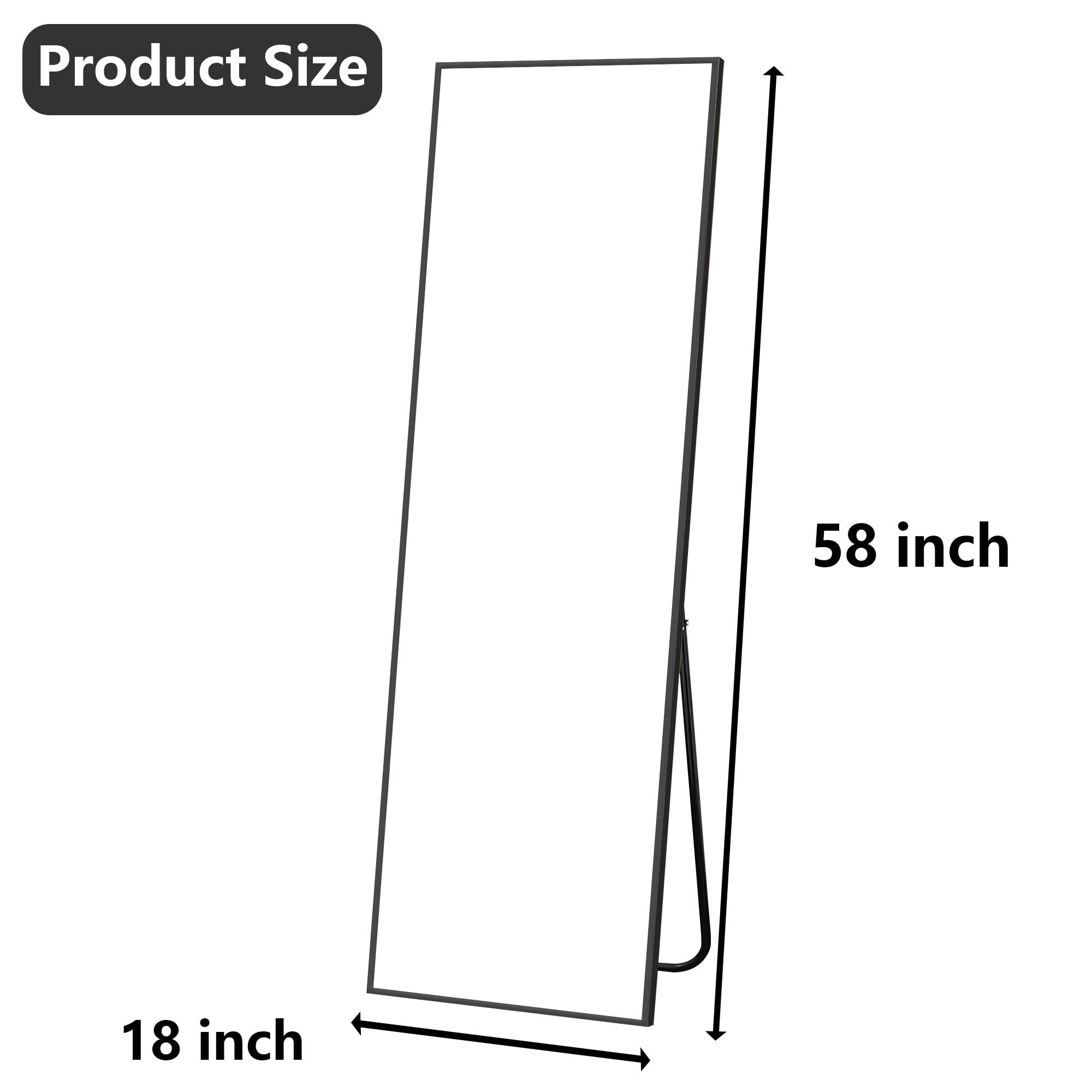 MAYEERTY 58"x18" Aluminum Right Angle Full-Length Mirror, Tempered Glass With Stand, Black