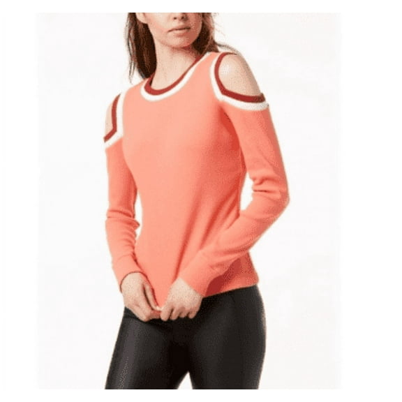 Bar III Womens Top Cold Shoulder Sweater Varsity Crew Ribbed Coral Red Size XS