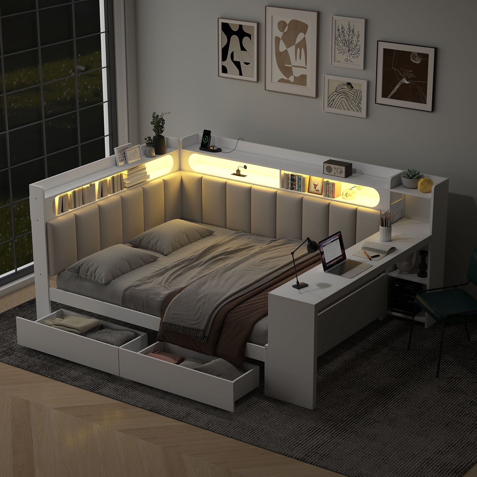Euroco Wood Full Size Daybed with Storage Desk and Shelves, Bed with Upholstered Headboard and Backrest, LED Light, USB Ports and Drawers, White