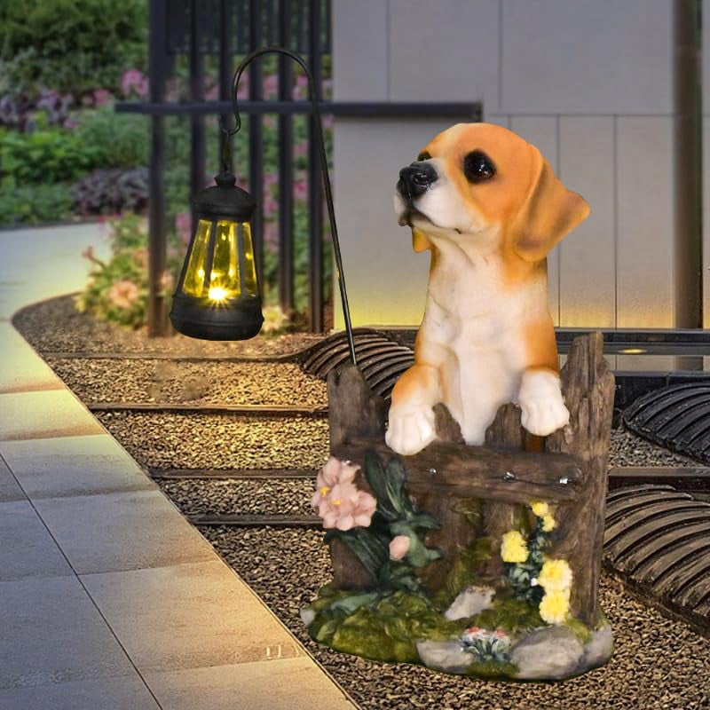 Garden Dog Statues Outdoor Decorations, Solar Lights Outdoor Puppy Statue, Outdoor Animal Statues with Solar Lantern for Patio, Lawn, Yard Art Decoration, Housewarming Garden Gift