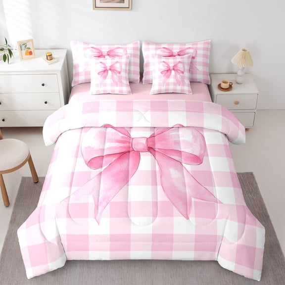 Castle Fairy Cute Ribbon Bow Twin Bedding Sets,Pink White Checkered Bedding Comforter Set
