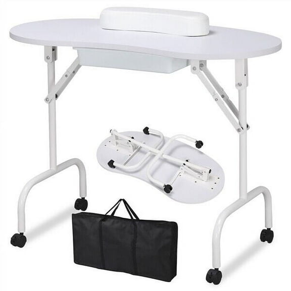 Sptwo 37-inch Portable & Foldable Manicure Table Nail Desk Workstation with Large Drawer/Client Wrist Pad/Controllable Wheels/Carrying Case for Spa Beauty Salon ,White