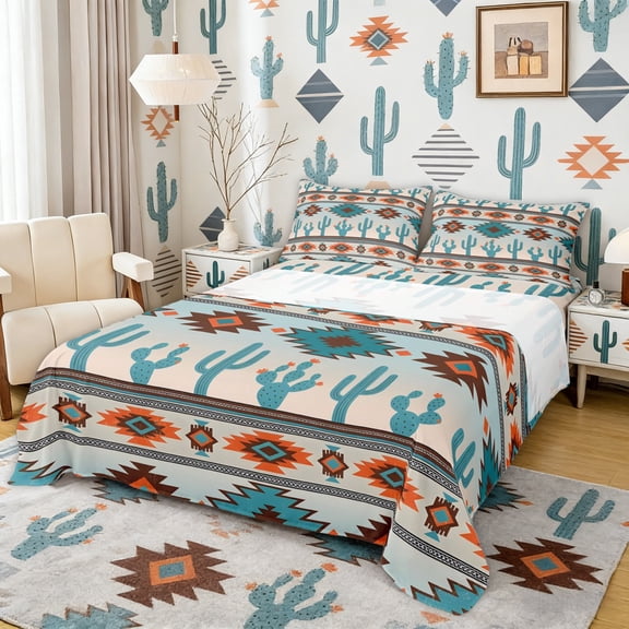 Erosebridal Teal Aztec Full Size Sheets, Bohemian Cactus Bed Sheets, 4-Piece 1 Flat Sheet, 1 Fitted Sheet and 2 Pillowcases