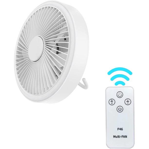 Ventilador para acampar con luces colgantes Ventilador de techo Ventilador de mano recargable de tamaño pequeño Suministros de refrigeración de verano para el hogar al aire libre - Blanco