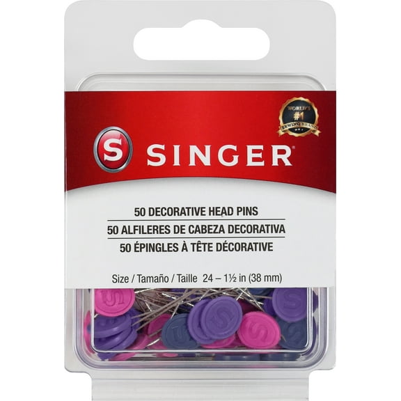 SINGER Decorative Flat Head Pins, Size 24, 50 Count: Assorted Colors, Rust-Resistant Nickel-Plated Steel Pins for Sewing, Quilting, and Crafts