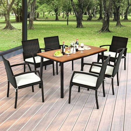 Gymax Rectangle Patio Outdoor Dining Table Acacia Wood Tabletop w/ 2