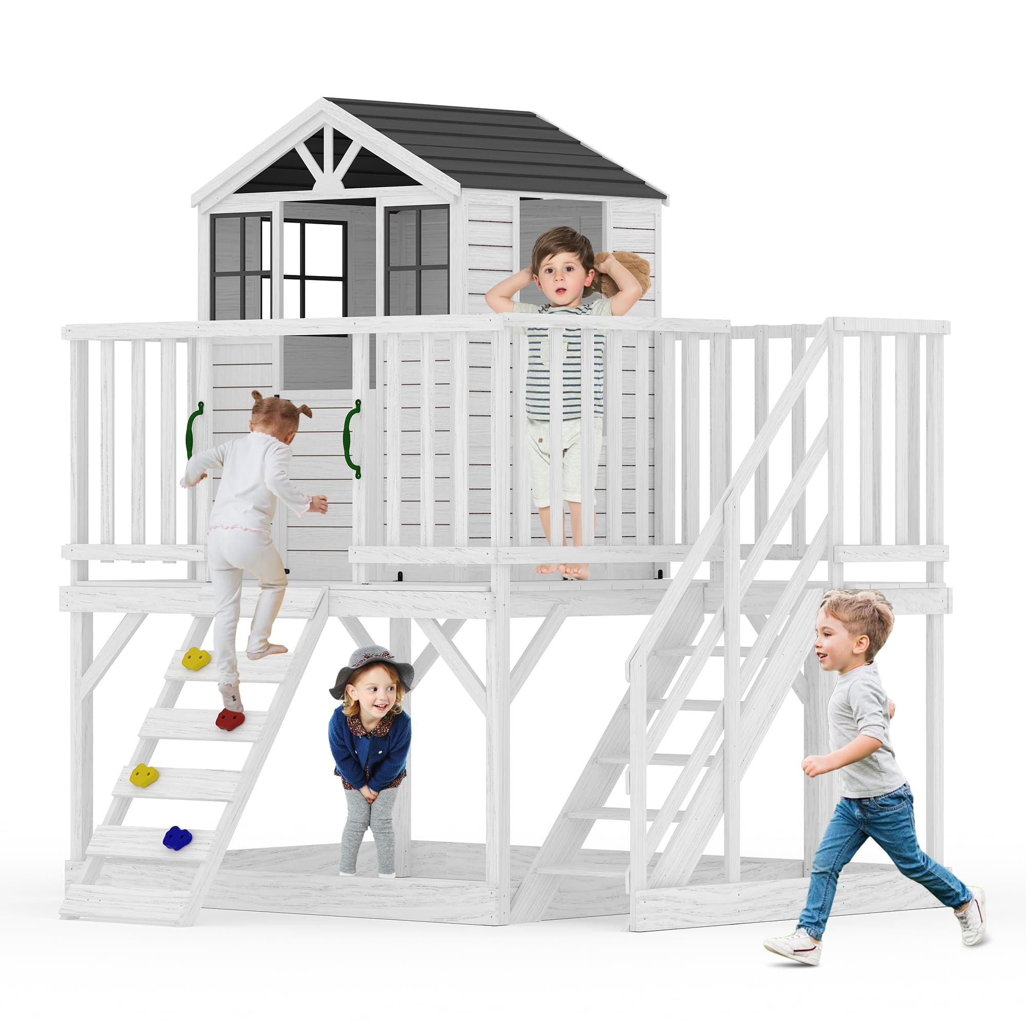 Danolapsi Kids Outdoor Playhouse with Climbing Wall, 2 Story Wooden Playhouse with Sandbox, Elevated Cedar Wooden Kids Playhouse with Step Ladder(ship in 3 boxes)