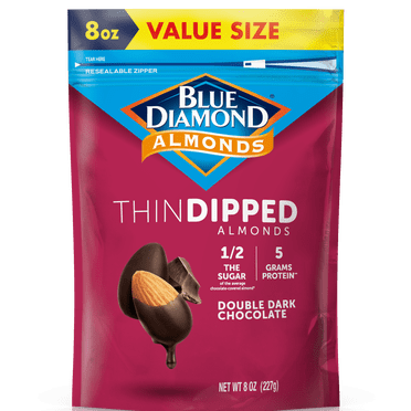 Blue Diamond Almonds, Thin Dipped Double Dark Chocolate Almonds for Guilt Free Snacking, 8 oz.