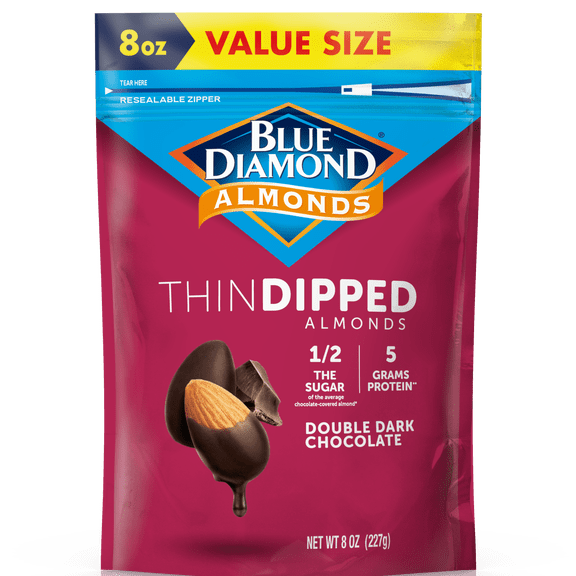 Blue Diamond Almonds, Thin Dipped Double Dark Chocolate Almonds for Guilt Free Snacking, 8 oz.