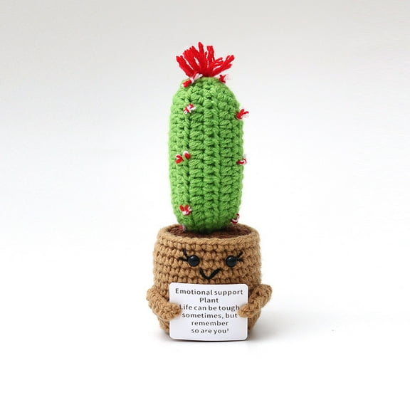 Handmade Emotional Support Green Cactus Potted Plants, Positive Crochet Doll with Card, Inspirational Small Knitted, Funny Gifts for Women Men Birthday Friends Coworkers, Office Decor
