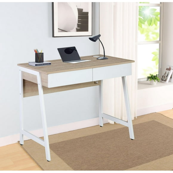 Mainstays 39.4’’ White Computer Desk 2 Drawers Computer Desk with USB Charger Study Writing Table Home Office Workstation, Computer Desk, Computer Desk
