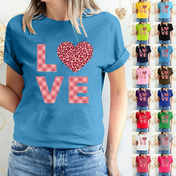 Fesfesfes T Shirt for Women's Valentine's Day Love Printed Short Sleeved T-shirt Top Short Sleeved Round Neck Top/Shirt Crew Neck T Shirts for Women L(US:8)