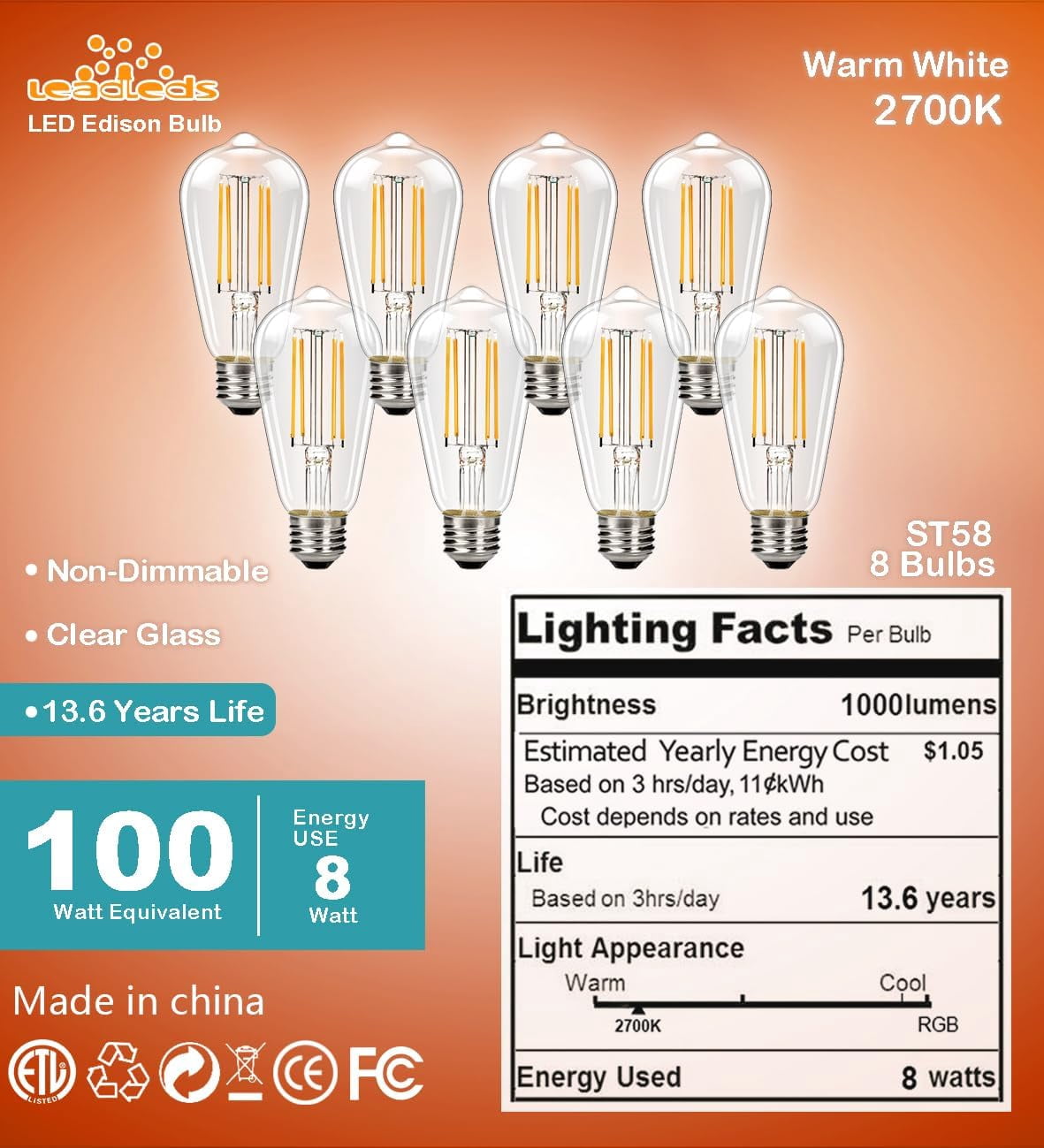 Leadleds LED 8W 100W Equivalent 2700K Warm White Decorative Light Bulbs, Enclosed Fixture Rated, 8-Pack