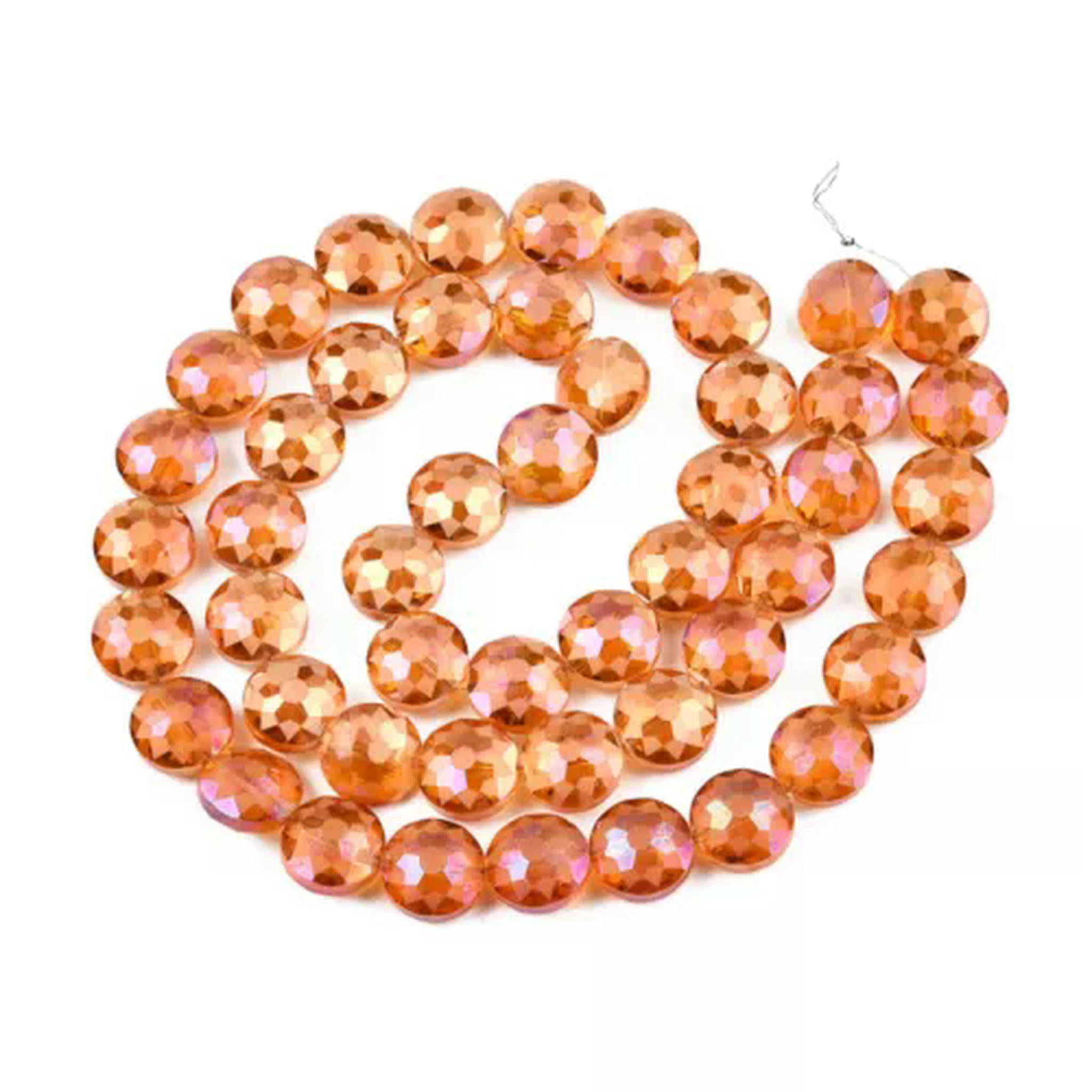 U8MO 2Strands Rainbow Plated Faceted Flat Round Electroplate Glass Beads Frosted 14mm-Coral