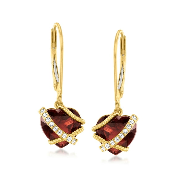 Ross-Simons 4.10 ct. t.w. Garnet and Diamond-Accented Heart Drop Earrings in 14kt Yellow Gold, Women's, Adult