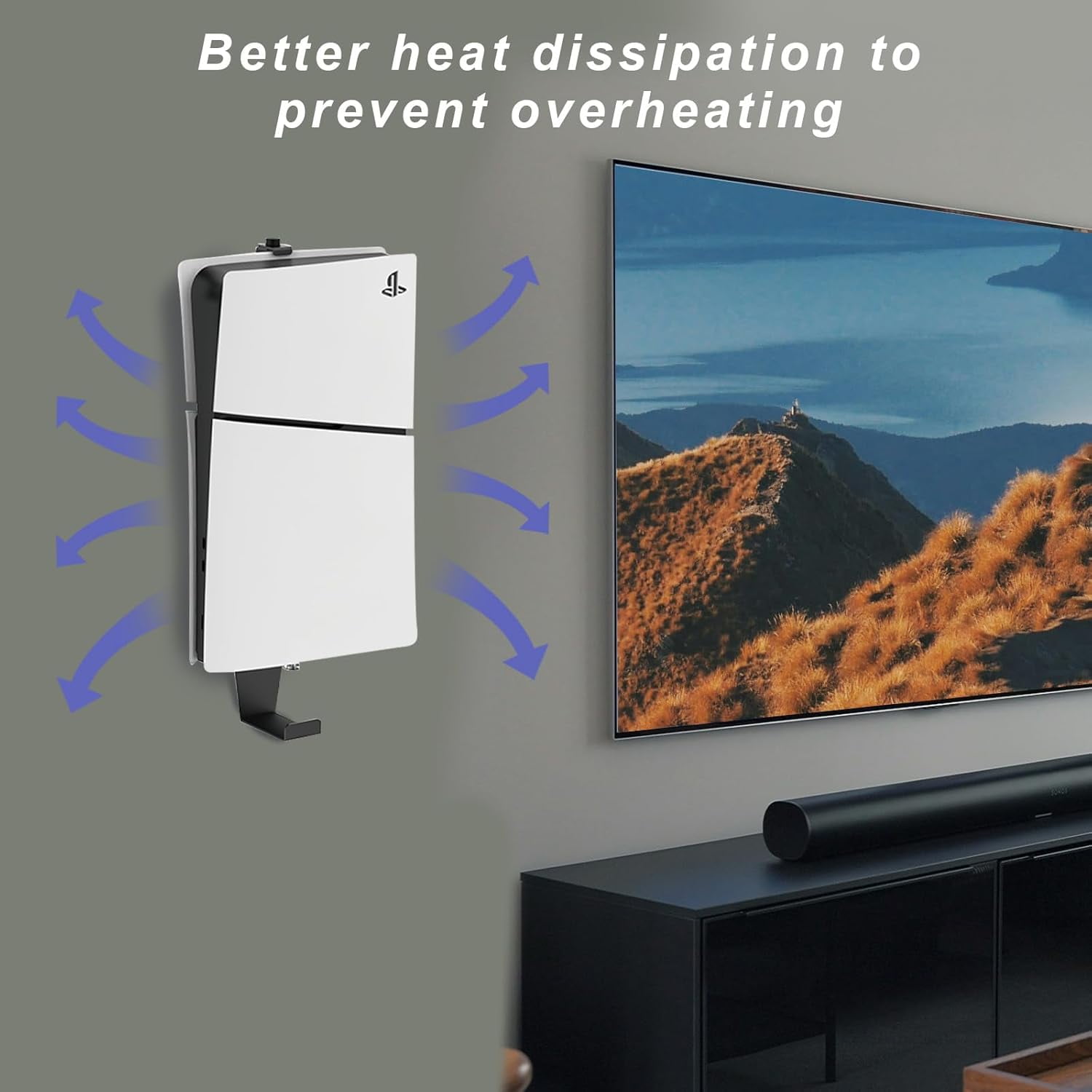 PS5 Wall Mount, Heavy-Duty Steel Mount Kit for Protection & Cooling with 2 Controller Holder and Headset Holder,Compatible with All PS5 Models Including Slim, Pro, Original, Black