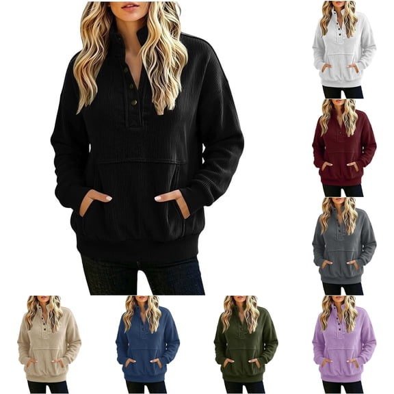 Wxolcjlv Solid Ribbed Quarter Zip Sweatshirts for Women Stand Collar Long Sleeve Tops