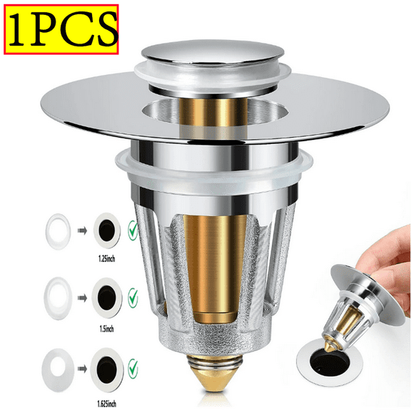 1 Pack Universal Bathroom Sink Stopper for 1.1"-1.96" Drain Hole, Stainless Steel Basin Pop Up Drain Stopper, Core Push Type Sink Stopper, Anti Clogging Sink Drain Filter with Hair Catcher