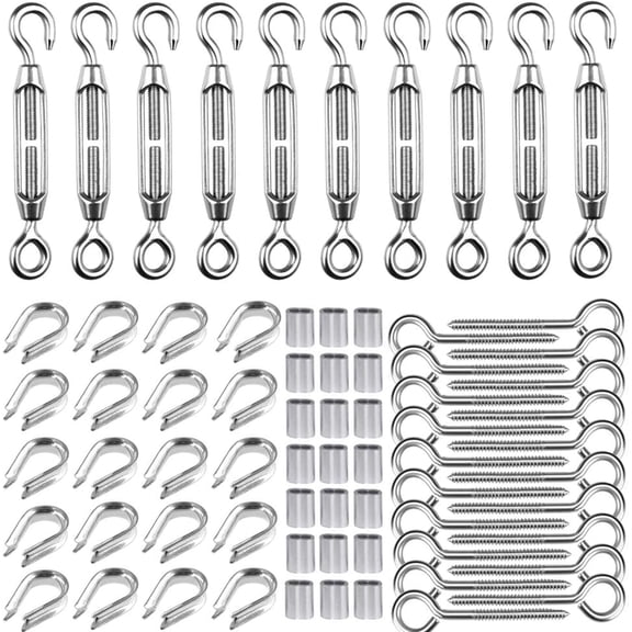 Tootaci 1/8" Cable Tensioner Kit, 304 Stainless Steel M5 Hook & Eye Turnbuckle Set for Railing, String Lights, Fence, Shade Sail, Garden Wire