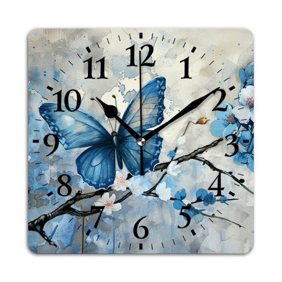 Non-Ticking Silent Wall Clocks Battery Operated Personalized Decor Clock for Living Room,Bedroom-Blue Butterfly On White Cherry Blossom Branch(10inch)