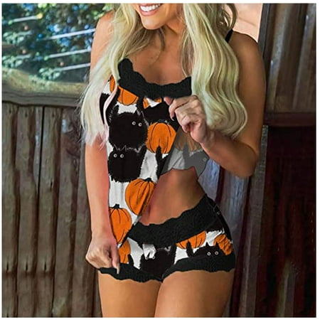 

Lanhui Womens Halloween Sleeveless Pajama Set Cami And Shorts Print 2 Piece Pajamas