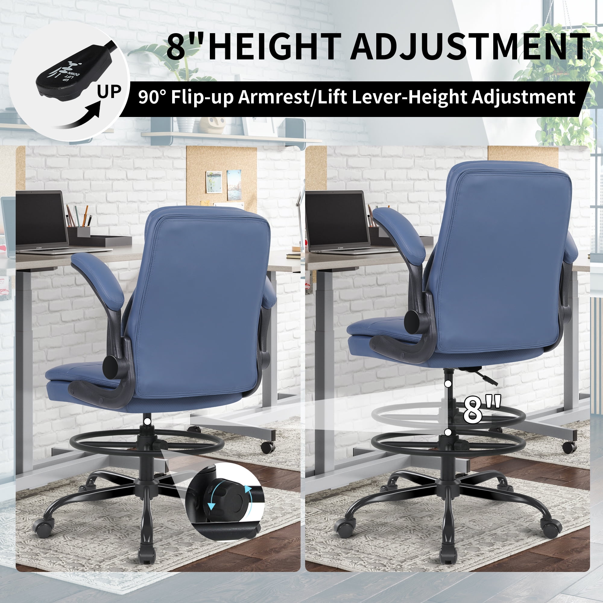 Misolant Tall Office Chair, Drafting Chair for Standing Desk, Executive Chair with Adjustable Height and Flip-up Armrest, Leather Drafting Chair, High Office Chair for Counter Height Desk