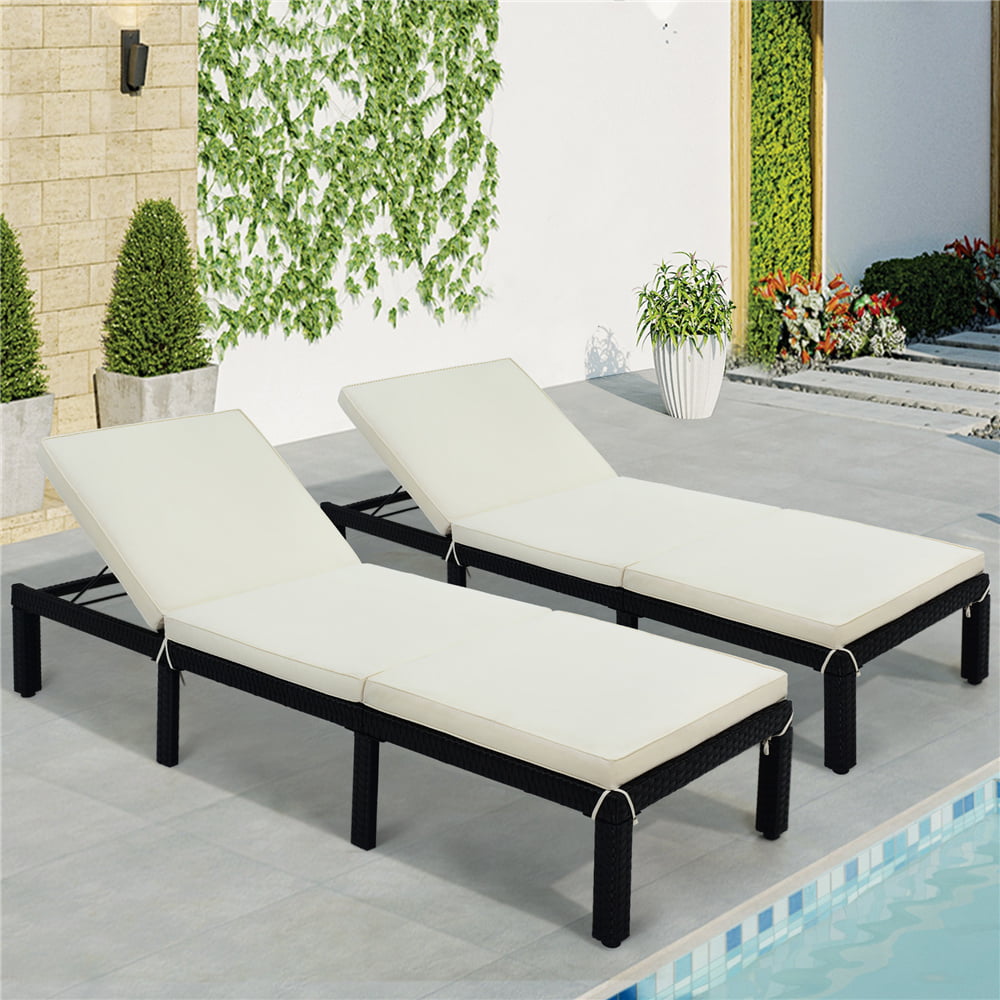 Pool Chaise Lounge Chair Outdoor Patio Sun Bed Rattan Furniture w/Cushion Beige