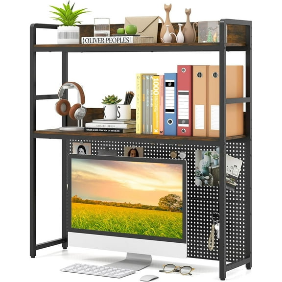 Dorm Desk Hutch with Pegboard, 37”W Desk Shelf for Top of Desk with 2-Tier Multipurpose Display Shelf & Metal Frame, Desktop Bookshelf for Home Office Dormitory