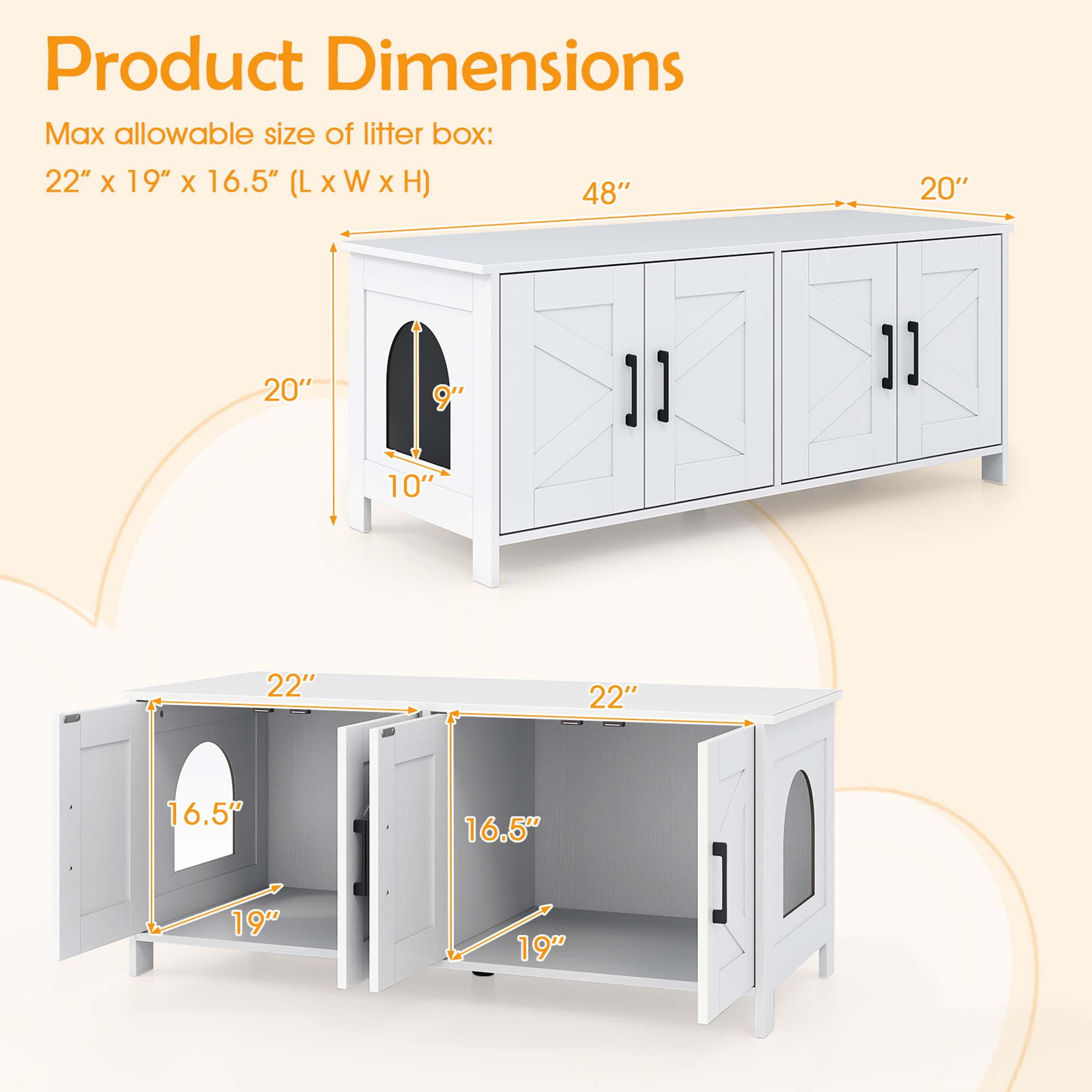 Gymax Cat Litter Box Enclosure for 2 Cats w/ Double Rooms Wooden Cat Washroom Cabinet White