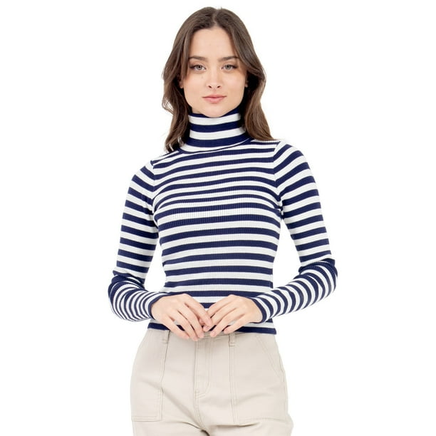 Playera Para Mujer Quarry A Rayas Con Cuello Alto Color Azul Marino