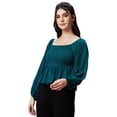 thumbnail image 3 of Globus Women Teal Square Neck Puff Sleeves Smocked Peplum Georgette Top, 3 of 6
