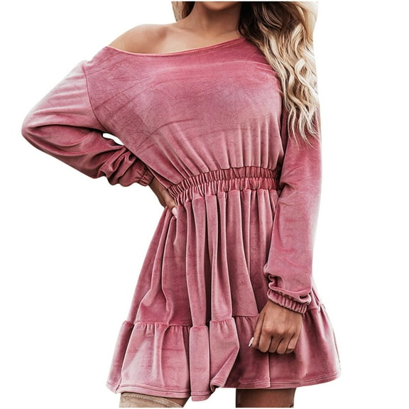 cfhntfmh Mini Dresses for Women Trendy Long Sleeve Crewneck Tunic Shirts Dress Comfy Smocked Ruffle Hem Dress