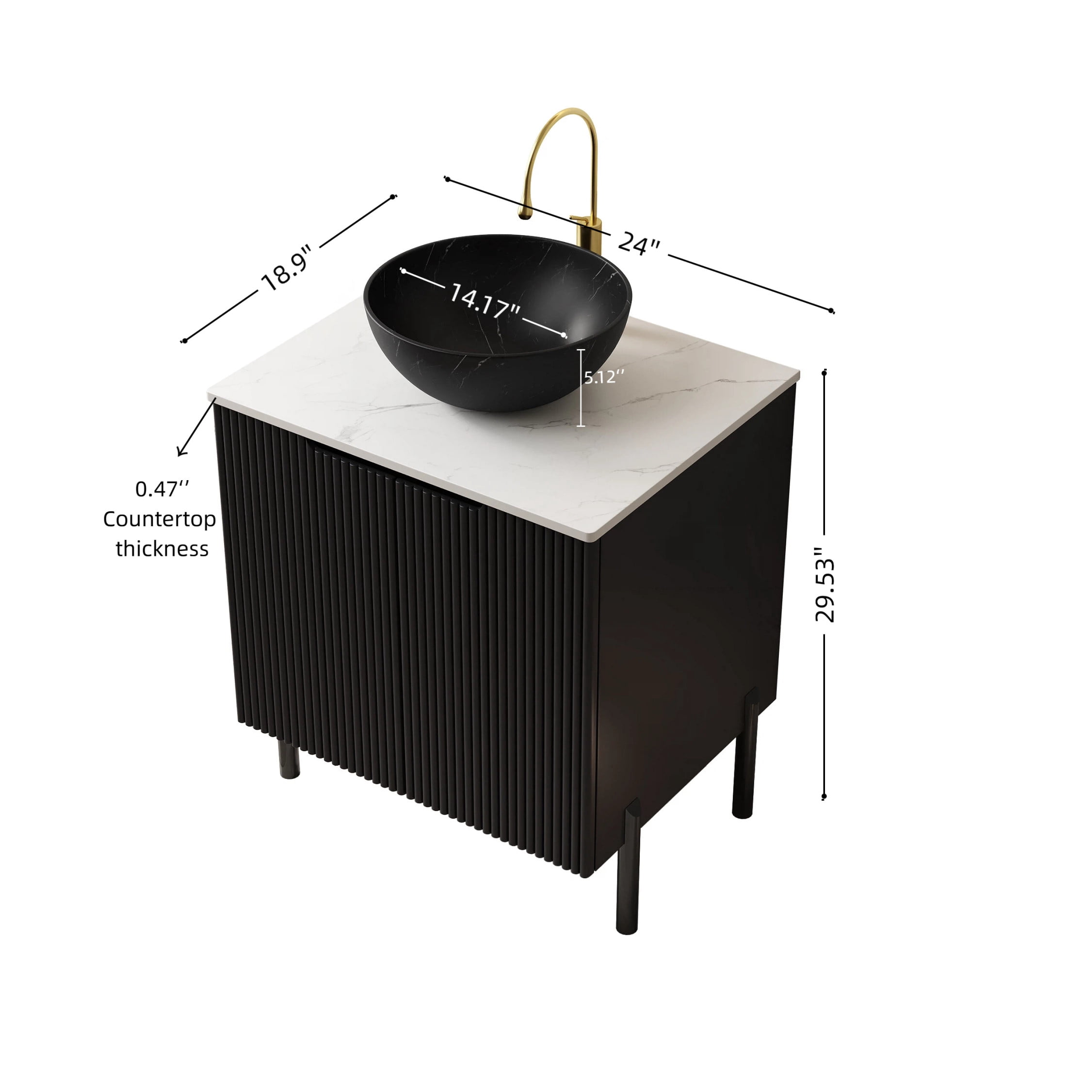 Noble House TURIO 24" Bathroom Vanity with Sintered Stone Countertop, Storage Cabinet, Black Bowl Basin, Black
