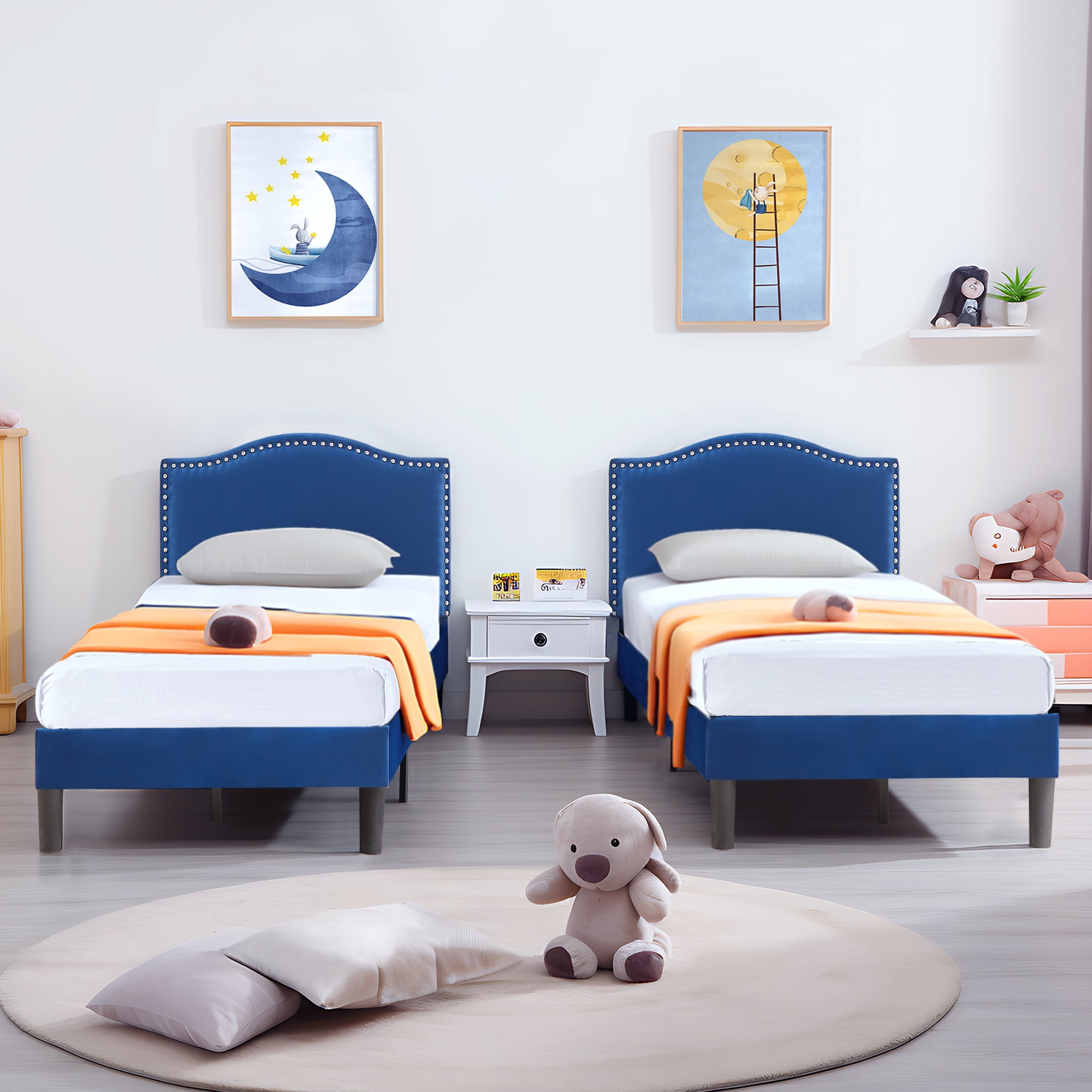 Javlergo Twin Size Bed Frame, Upholstered Platform Bed Frame with Adjustable Headboard, Easy Assembly, No Box Spring Needed, Non-Slip and Noise-Free with Strong Wood, Dark Blue