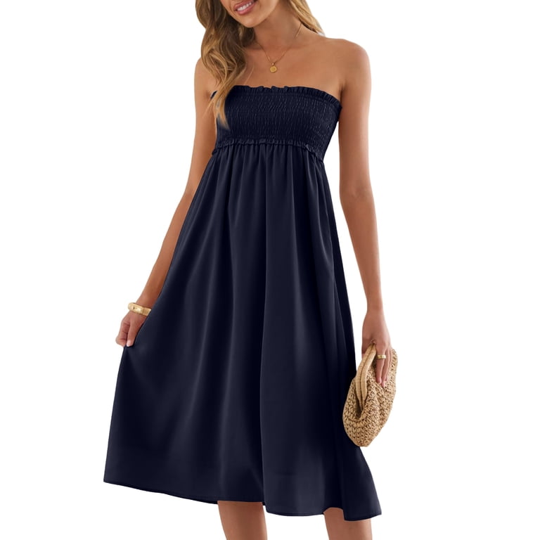 beach tube top dresses LISTHA Womens Strapless Midi Flowy Swing Sundress Sleeveless Summer Boho Dress with Pockets Navy M, Women's, Size: Medium blue_matching_dress