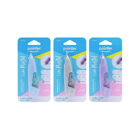 Pointer Correction Tape, 0.19 in x 19.6 ft (5mm x 6m), Assorted Colors Pack of 3