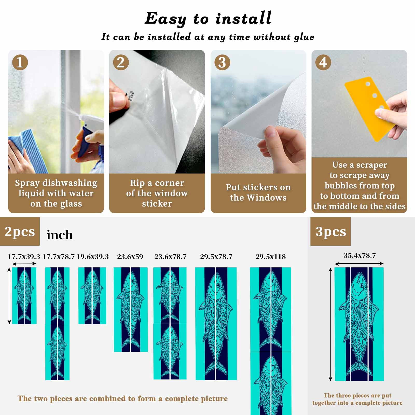 Tuna Window Privacy Film, Summer Beach Frosted Glass Window Clings Static Cling UV Heat Blocking Reusable Door Sticker for Bathroom 23.6 x 59 Inch