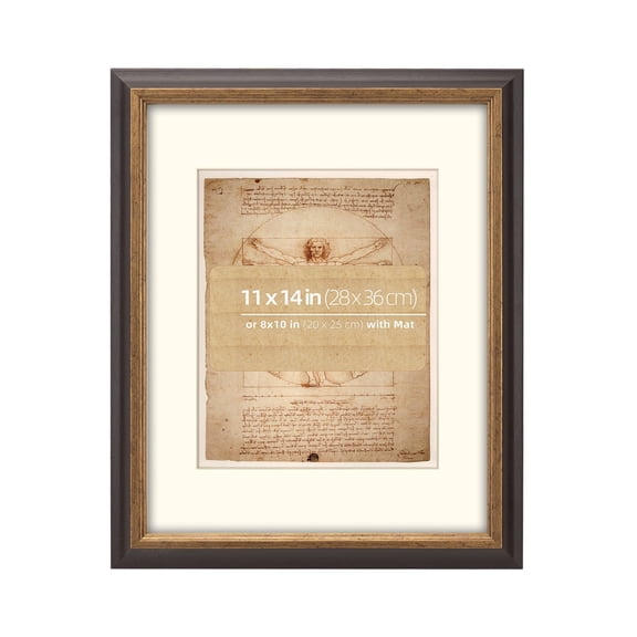 WYNCO 11x14 Wood Mahogany and Rustic Bronze 2 Tone Vintage Retro Picture Frame, With Mat 8x10 inches, Real Wood Classic Profile, Glass Cover, Rustic Bronze Inner Border