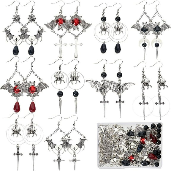 1 Box 10 Pairs Halloween Earring Kit Spider Charm Alloy Cross Charms Heart Charm Red Black Gothic Charms Bat Charm Bulk DIY